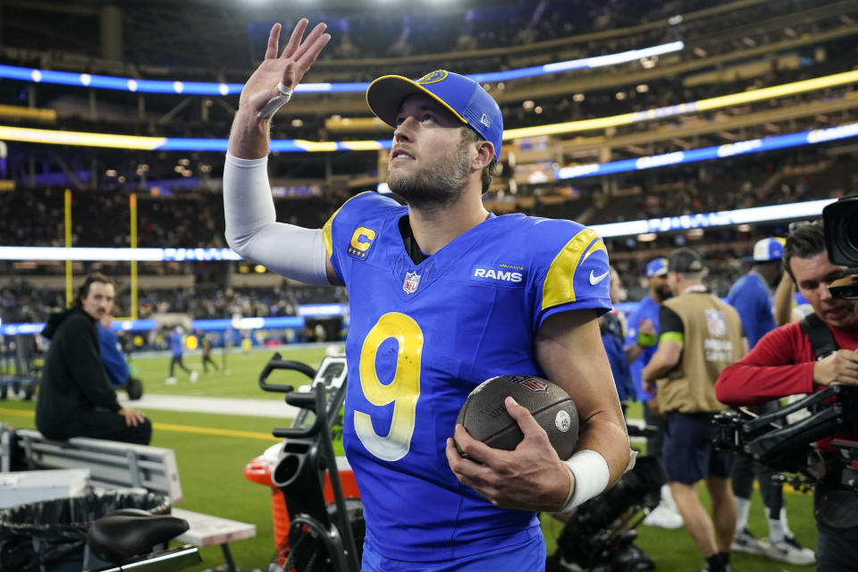 Los Angeles Rams quarterback Matthew Stafford walks off the field after a win over the New Orleans Saints in an NFL football game Thursday, Dec. 21, 2023, in Inglewood, Calif. (AP Photo/Ashley Landis)