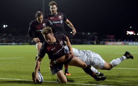 Chris Wyles scores the first try for Saracens at Allianz Park - Credit: ACTION IMAGES