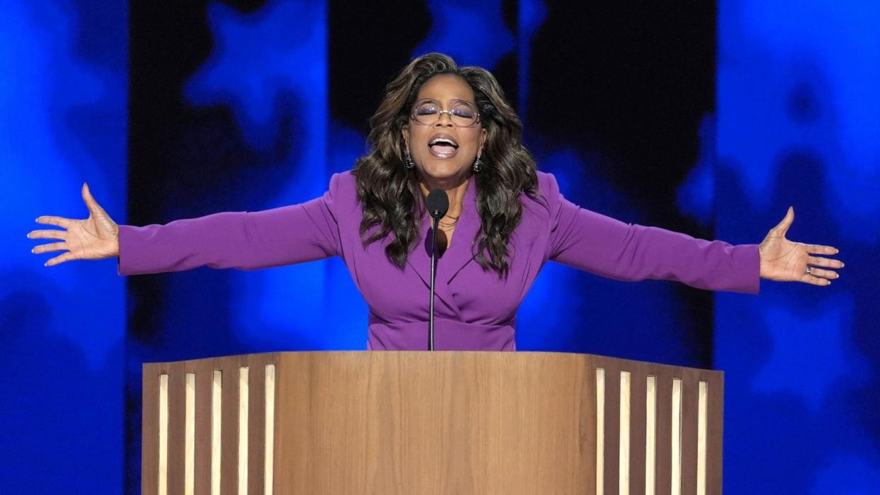 PHOTO: Oprah Winfrey speaks during the Democratic National Convention, Aug. 21, 2024, in Chicago. (J. Scott Applewhite/AP)