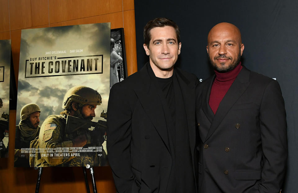 (L-R) Jake Gyllenhaal and Dar Salim attend the Los Angeles Premiere of MGM's Guy Ritchie's "The Covenant" at Directors Guild Of America on April 17, 2023 in Los Angeles, California.