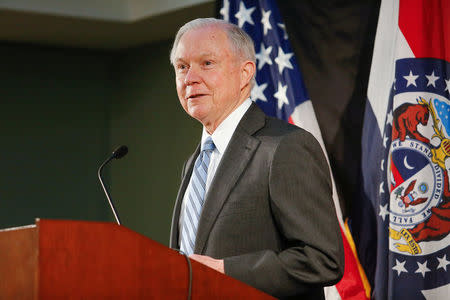 U.S. Attorney General Jeff Sessions speaks to law enforcement officers at the Thomas Eagleton U.S. Courthouse in St. Louis Missouri, U.S. March 31, 2017. REUTERS/Lawrence Bryant