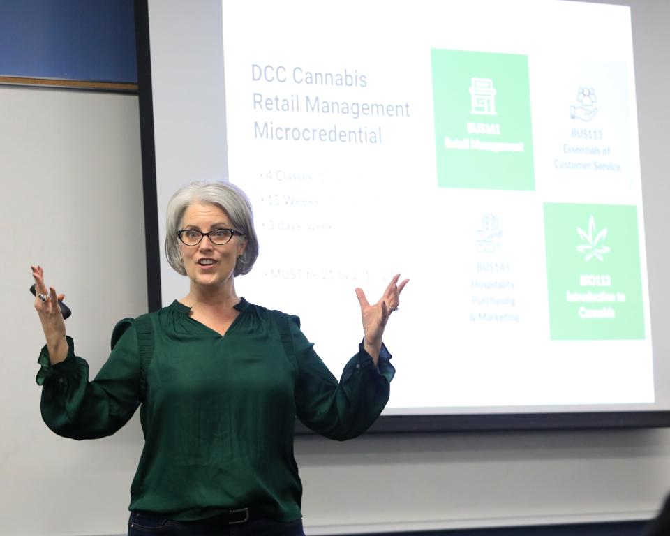 Maureen Gittelman, DCC chairperson for hospitality & tourism management speaks during an information session for the college's cannabis management program in Fishkill on January 10, 2024.