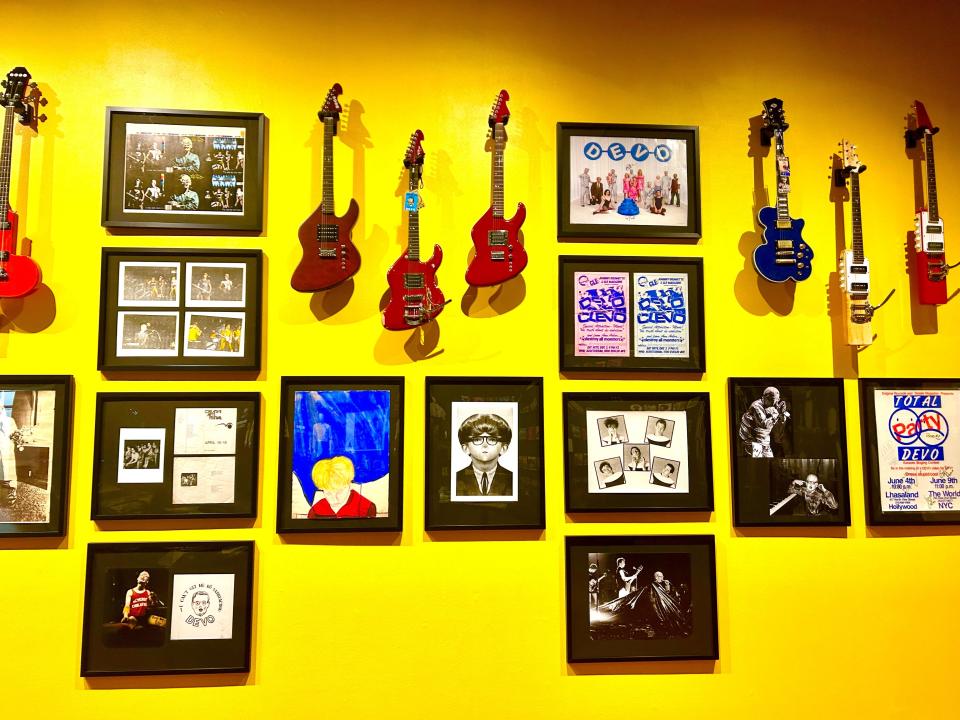 Guitars and other Devo memorabilia displayed in the new "Devo 5-0" exhibit at Bob Rauschenberg Gallery.