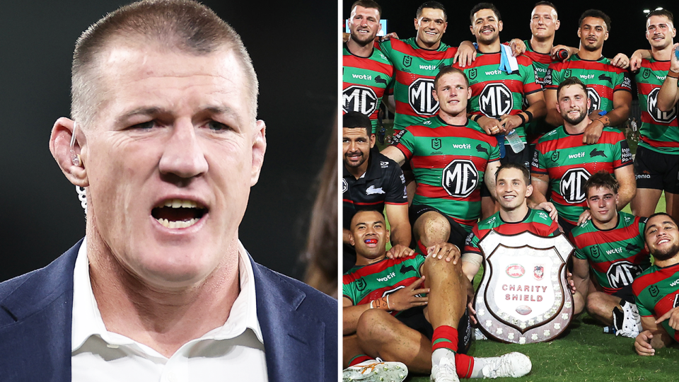 NRL great Paul Gallen reacts and the Rabbitohs celebrate the Charity Shield win.