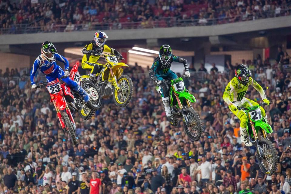 A photo of a high-flying Supercross event ahead of the inaugural SuperMotocross World Championship race at Charlotte Motor Speedway’s zMAX Dragway on Saturday, Sept. 9, 2023.