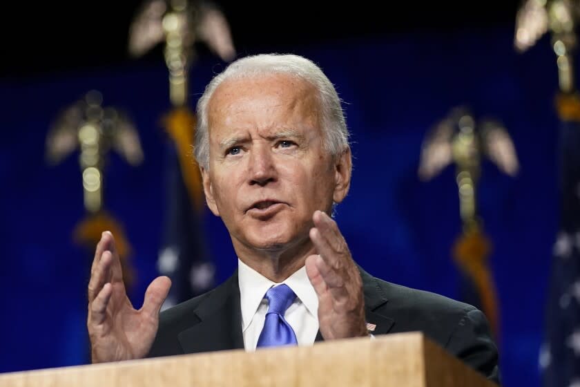 FILE - In this Aug. 20, 2020, file photo Democratic presidential candidate former Vice President Joe Biden speaks during the fourth day of the Democratic National Convention at the Chase Center in Wilmington, Del. The former senator and vice president backs an active federal government that he says should support but not constrict private enterprise, and he believes the highest federal tax burden should fall on the wealthiest. (AP Photo/Andrew Harnik, File)