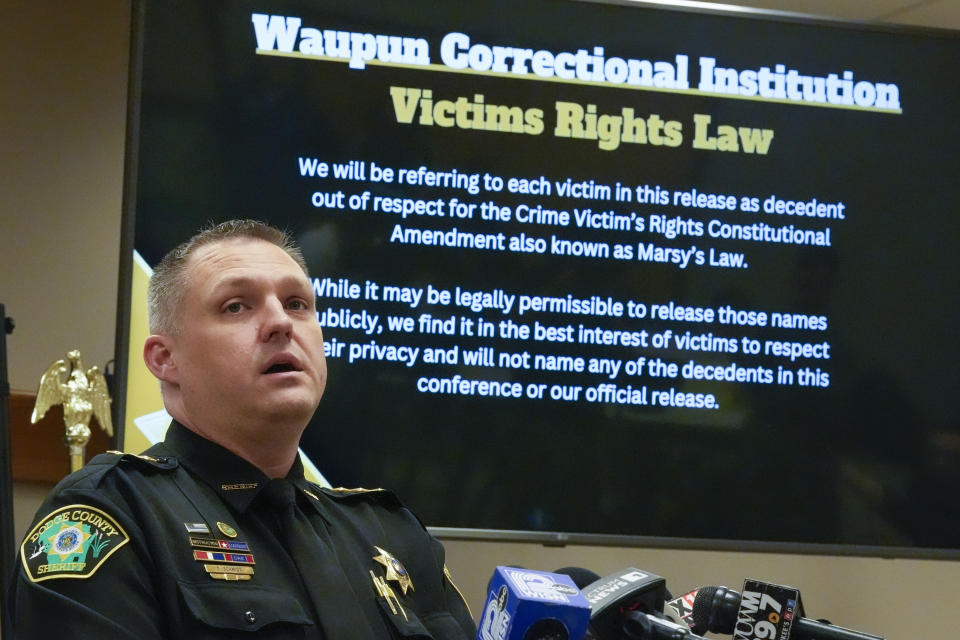 Dodge County Sheriff Dale Schmidt talks about investigations into four inmate deaths that occurred at Waupun Correctional Institution during a news conference Wednesday, June 5, 2024, in Juneau, Wis. (AP Photo/Morry Gash)