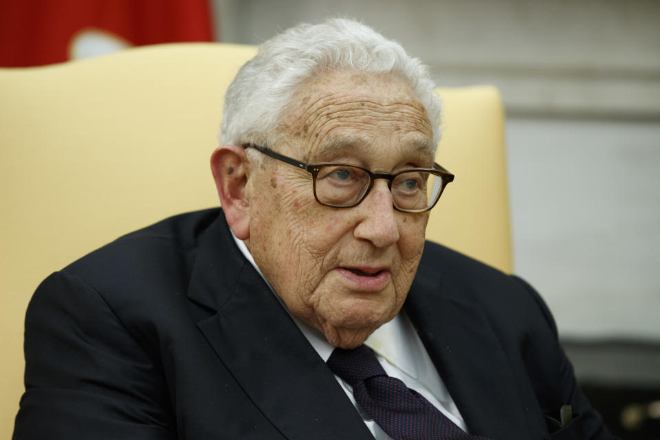 FILE - Former Secretary of State Henry Kissinger speaks during a meeting with President Donald Trump in the Oval Office of the White House, Oct. 10, 2017, in Washington. Kissinger, the diplomat with the thick glasses and gravelly voice who dominated foreign policy as the United States extricated itself from Vietnam and broke down barriers with China, died Wednesday, Nov. 29, 2023. He was 100. (AP Photo/Evan Vucci, File)