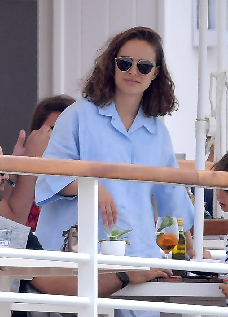 <p>Natalie Portman and husband Benjamin Millepied spent Mother’s Day this year on holiday with their kids on the French Riviera. She was snapped enjoying breakfast before taking a dip in one of the wading pools at the luxury hotel. (Photo: BackGrid) </p>