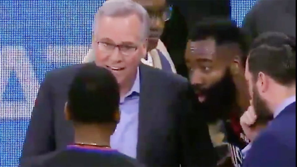 Houston Rockets coach Mike D'Antoni and star guard James Harden are pictured argue with the referees.