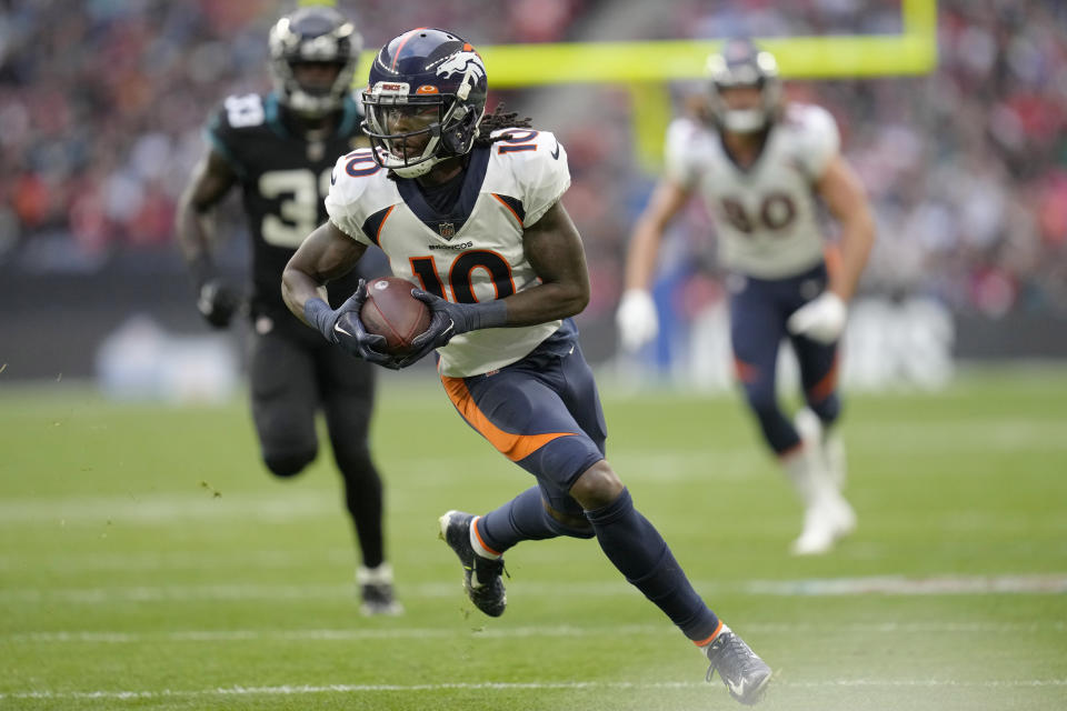 Denver Broncos wide receiver Jerry Jeudy (10) runs with the ball during the NFL football game between Denver Broncos and Jacksonville Jaguars at Wembley Stadium London, Sunday, Oct. 30, 2022. (AP Photo/Kirsty Wigglesworth)