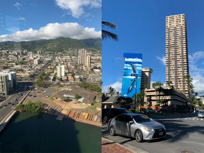 honolulu city center (aerial view on left, car with tall building behind it right)