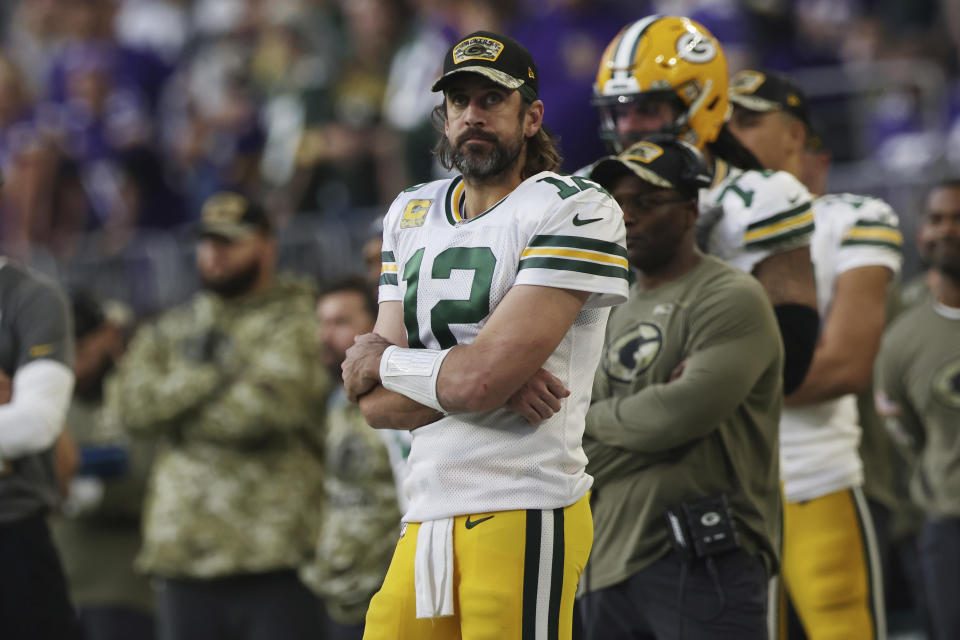 Green Bay Packers quarterback Aaron Rodgers (12) on the sideline during the second half of an NFL football game against the Minnesota Vikings, Sunday, Nov. 21, 2021 in Minneapolis. Minnesota won 34-31. (AP Photo/Stacy Bengs)