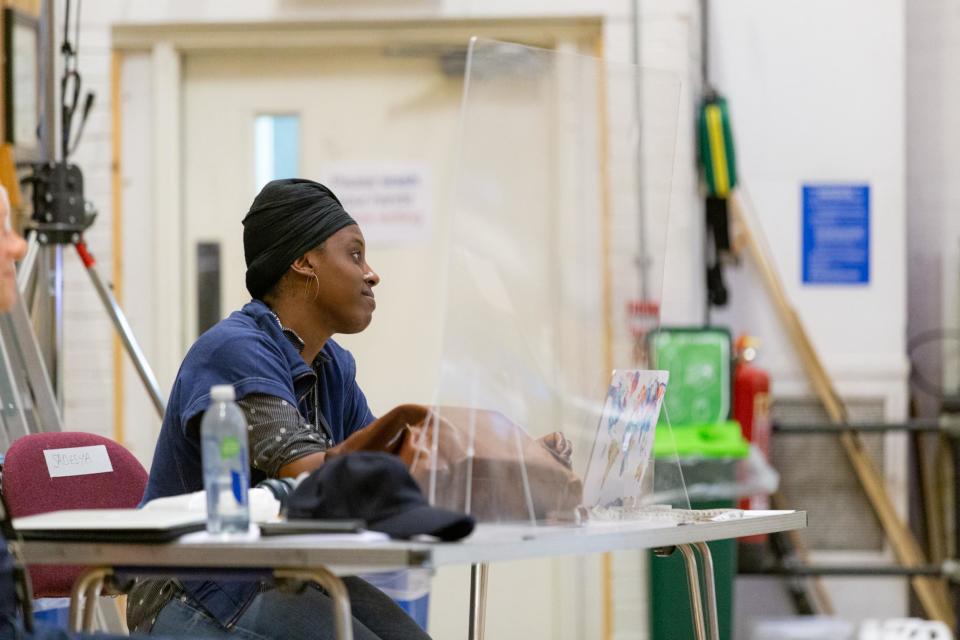 Designer Sadeysa Greenaway-Bailey in the Death of England: Delroy rehearsal room (Cameron Slater Photography)