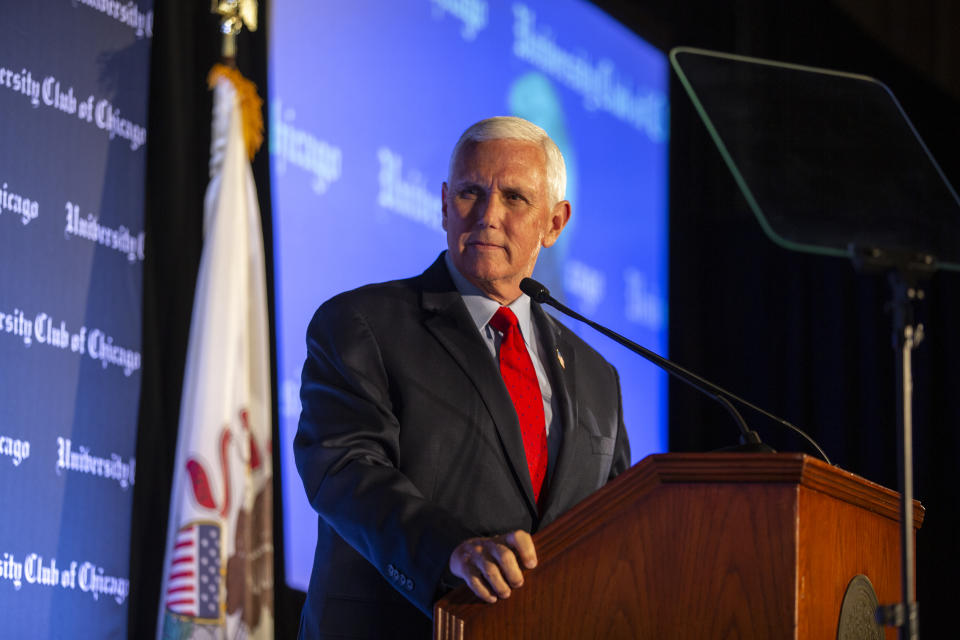 Mike Pence speaks to a crowd of supporters.