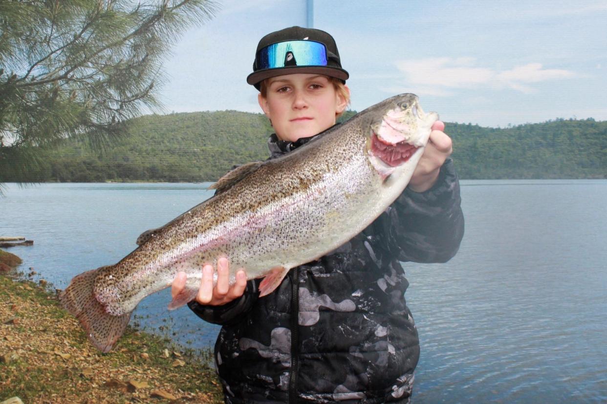 Trent Zizileuskas landed this 8-pound rainbow trout while fishing with rainbow PowerBait from the shoreline near the dam at Collins Lake on Jan. 16. Photo  courtesy of the Collins Lake Resort.