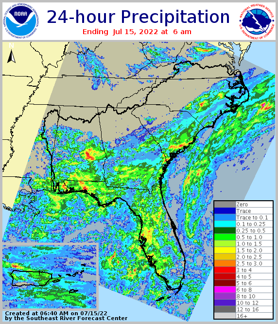 Rain over the past 24 hours in Florida, Southeast July 15, 2022.