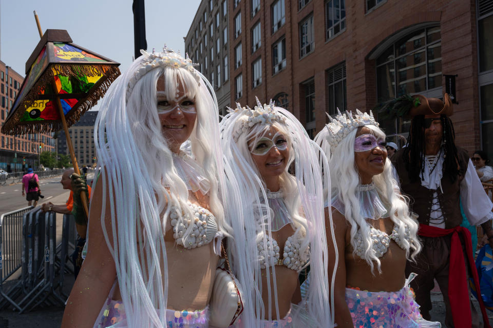 People dressed as mermaids prepare to take part in the annual Coney Island Mermaid Parade on June 22, 2024 in New York City.