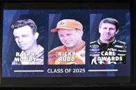 A display is shown for the drivers to be inducted into the 2025 NASCAR Hall of Fame class during an event, Tuesday, May 21, 2024, in Charlotte, N.C. (AP Photo/Matt Kelley)