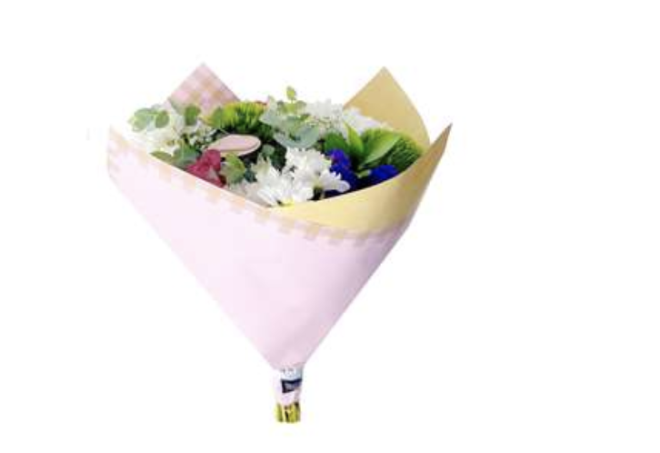 Fresh flowers shown wrapped in pink and yellow paper, including blooms in white, purple, pink and green foliage.