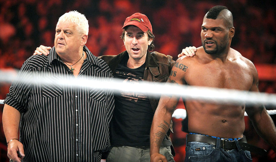 Dusty Rhodes, Sharlto Copley and Quinton 'Rampage' Jackson attend WWE Monday Night Raw at American Airlines Arena on June 7, 2010 in Miami, Florida.