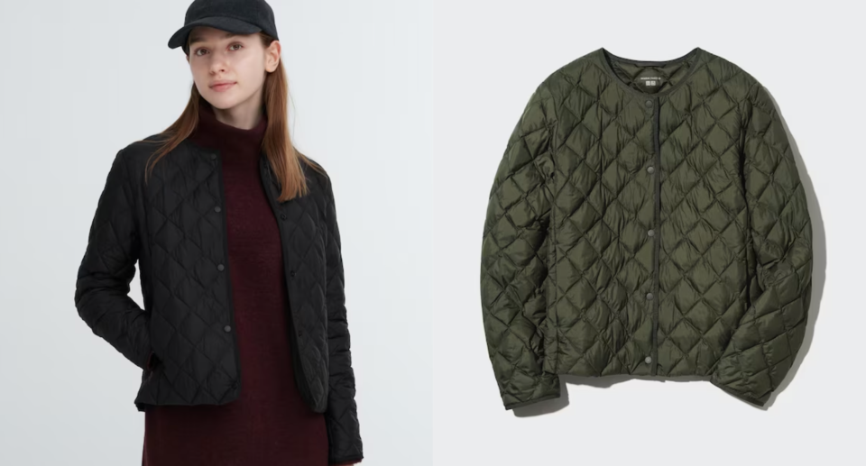 woman in black quilted jacket liner, Pufftech Quilted Jacket in black and olive (photos via Uniqlo)