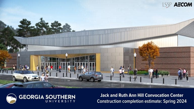 An artist rendering of the Jack and Ruth Ann Hill Convocation Center's entrance.