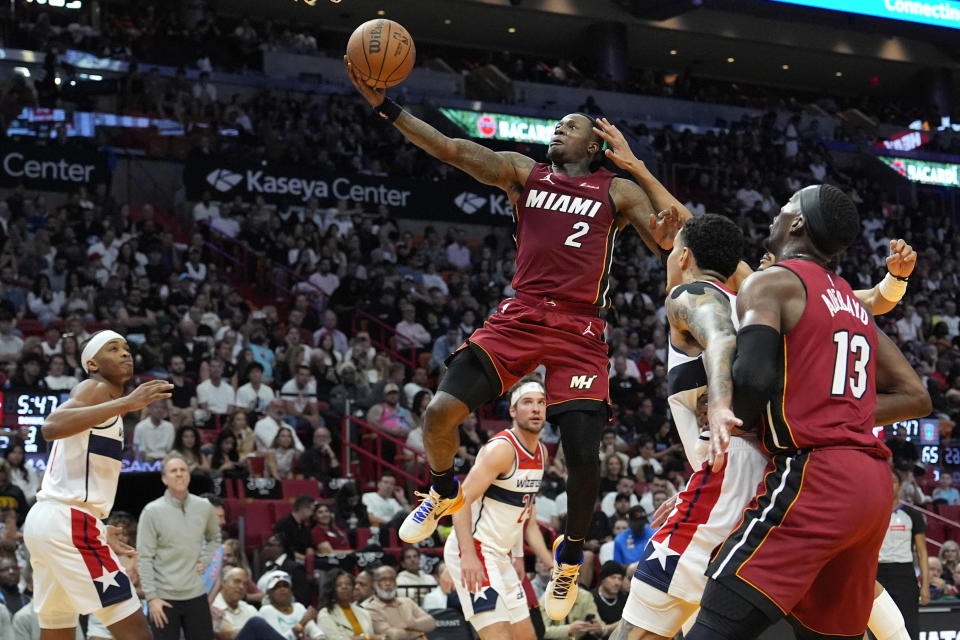 Miami Heat guard Terry Rozier (2) goes to the basket during the second half of an NBA basketball game against the Washington Wizards, Sunday, March 10, 2024, in Miami. (AP Photo/Lynne Sladky)