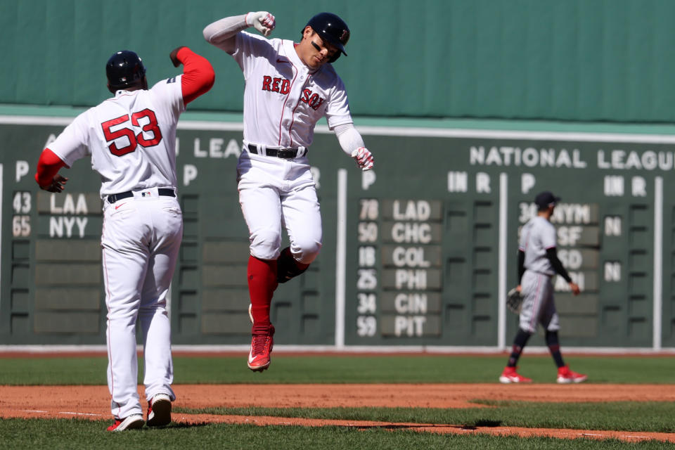 BOSTON, MASSACHUSETTS - APRIL 20: Yu Chang #20 of the Boston Red Sox celebrates after hitting a two run home run against the Minnesota Twins during the fifth inning at Fenway Park on April 20, 2023 in Boston, Massachusetts. (Photo by Maddie Meyer/Getty Images)