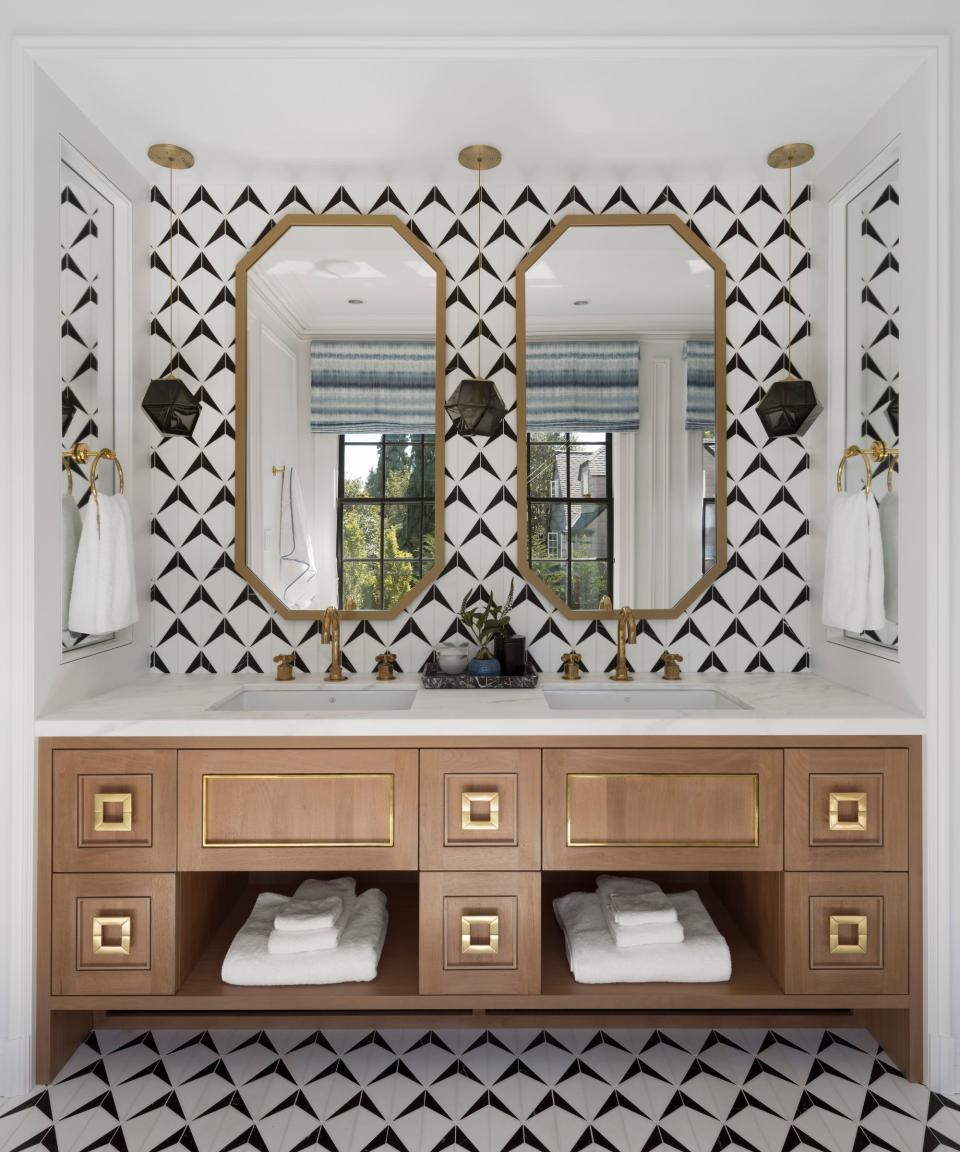 bathroom with geometric floor and wall tiles