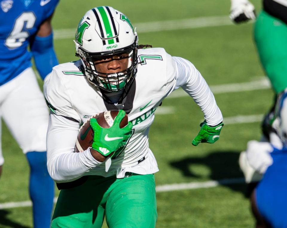 Marshall wide receiver Corey Gammage (7) runs the ball after a catch during the Camellia Bowl at Cramton Bowl in Montgomery, Ala., on Friday, December 25, 2020. Buffalo leads Marshall 10-7 at halftime.