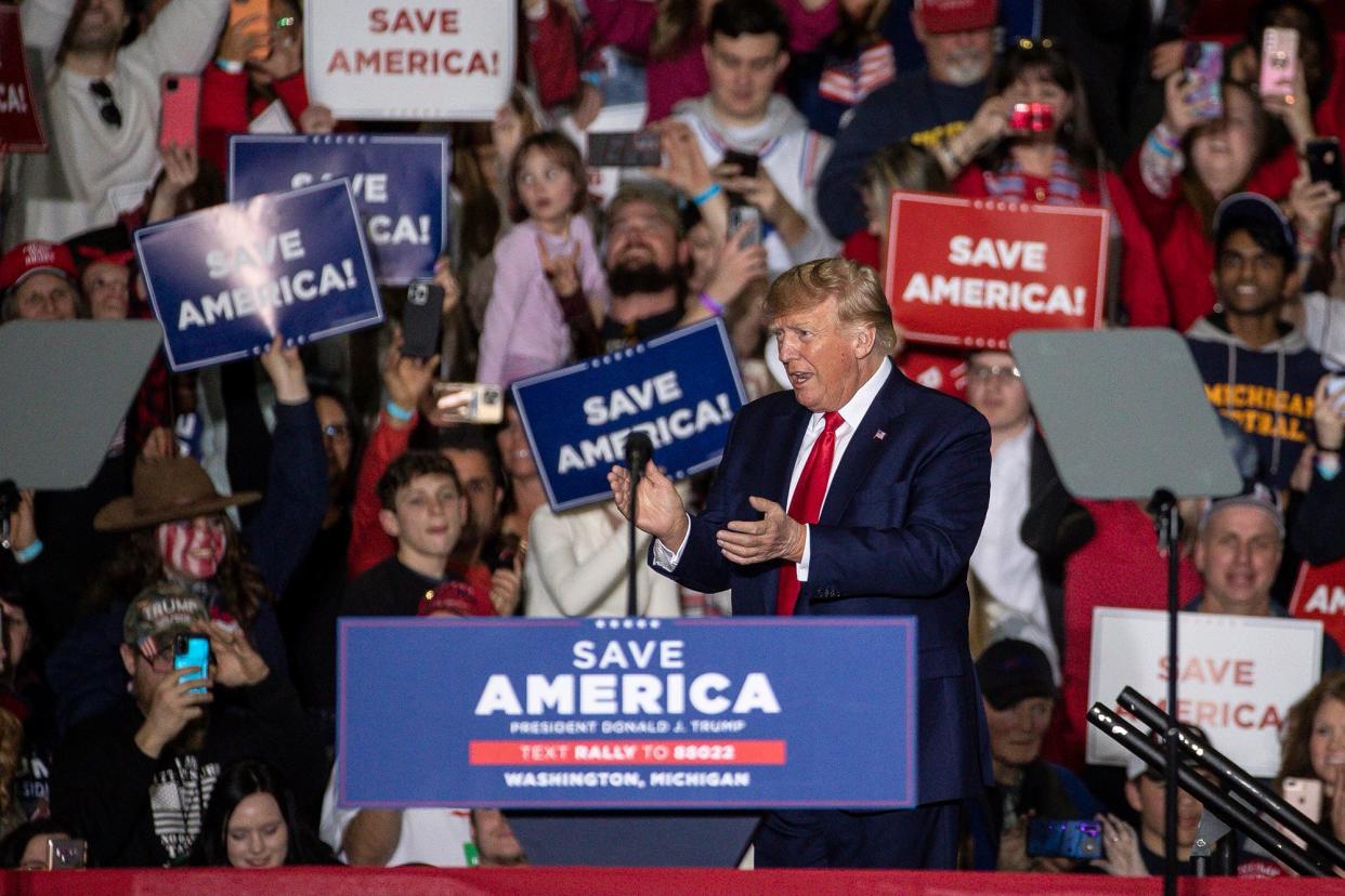 Former President Donald Trump waves at supporters before speaking during a Save America rally on April 2.
