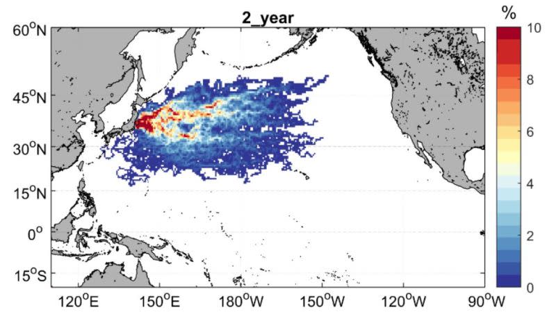 ▲核廢水排放2年後隨海流移動軌跡的機率密度分布模擬圖。（圖/海大提供）