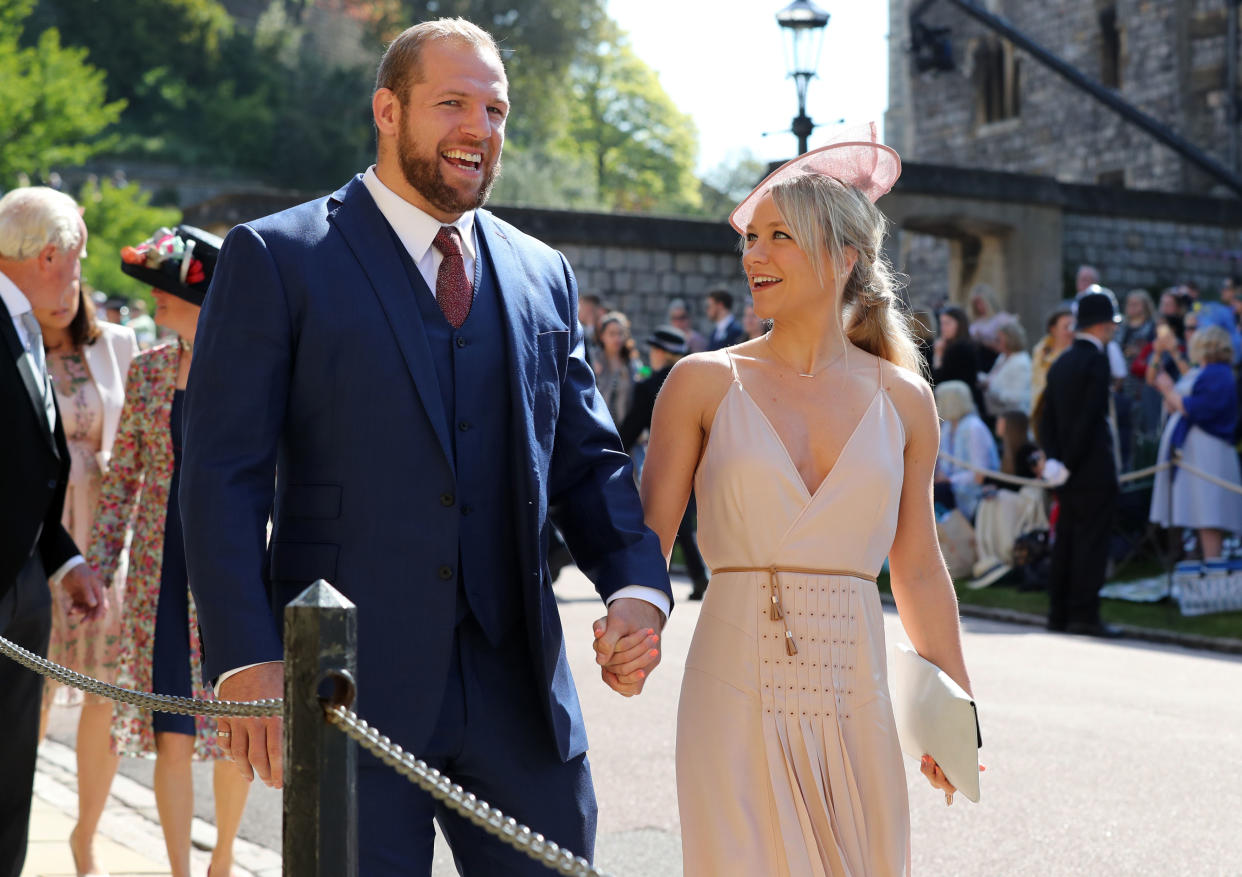 James Haskell and Chloe Madeley arrive at St George's Chapel at Windsor Castle before the wedding of Prince Harry to Meghan Markle on May 19, 2018 in Windsor, England. (Photo by Gareth Fuller - WPA Pool/Getty Images)