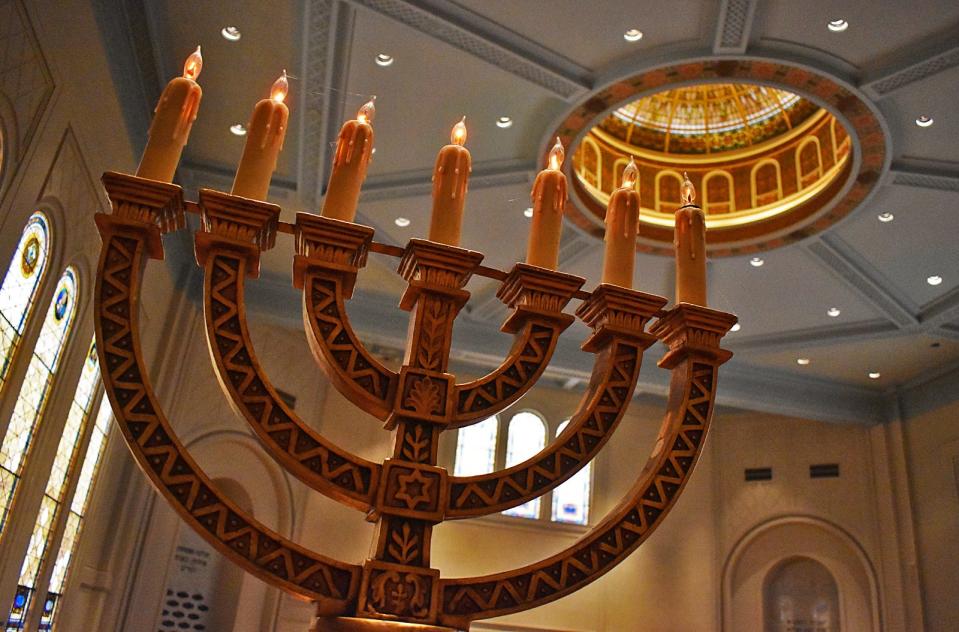 A temple menorah stands inside Temple Beth-El at 385 High St. in Fall River.