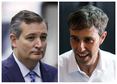 FILE PHOTO: U.S. Senator Ted Cruz (R-TX) and U.S. Rep. Robert Francis "Beto" O'Rourke (D-TX) are pictured in this combination photo in Houston, Texas, U.S., September 20, 2018 and in McAllen, Texas, U.S., August 18, 2018 respectively. REUTERS/Loren Elliott/File Photos/File Photo