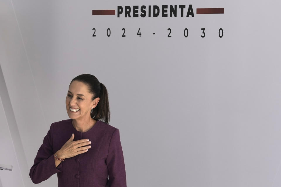 Mexico's future President Claudia Sheinbaum attends a press conference in Mexico City, Tuesday, June 11, 2024. (AP Photo/Eduardo Verdugo)