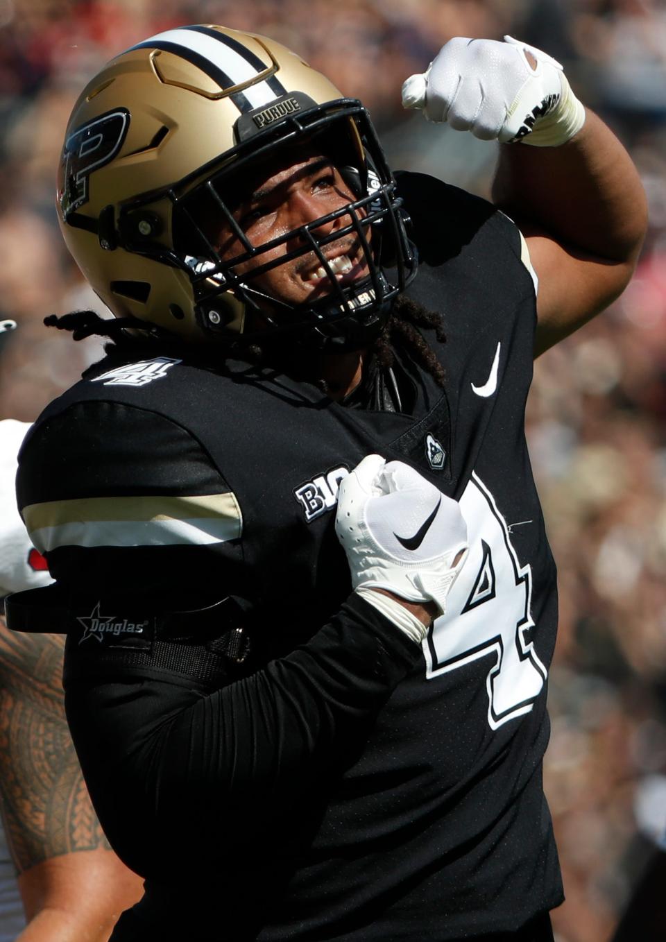 Purdue Boilermakers linebacker Kydran Jenkins (4) celebrates a defensive stop during the NCAA football game against the Fresno State Bulldogs, Saturday, Sept. 2, 2023, at Ross-Ade Stadium in West Lafayette, Ind. Fresno State Bulldogs won 39-35.