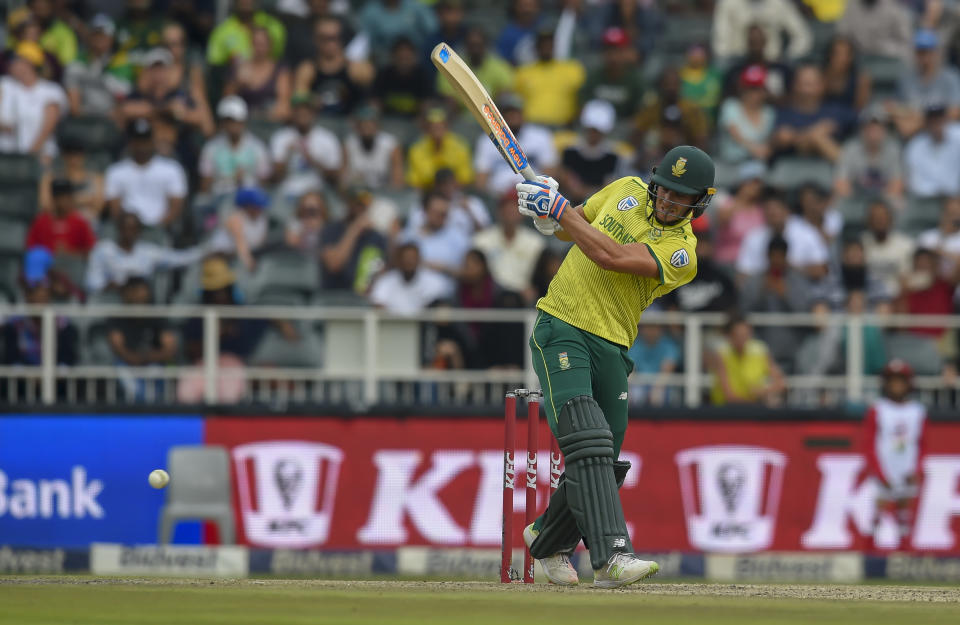 South Africa's David Miller plays a shot during the T20I cricket match between South Africa and Pakistan at Wanderers Stadium in Johannesburg, South Africa, Sunday, Feb, 03, 2019. (AP Photo/Christiaan Kotze)