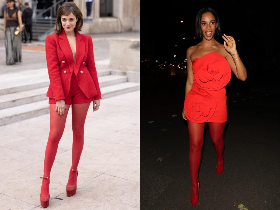 A split image showing actor Beatrice Grannò wearing a red blazer, shorts, tights, and platform heeled shoes (left) and Rochelle Humes wearing a red sleeveless minidress with two oversized rosettes, red tights, and red pointed pumps (right).