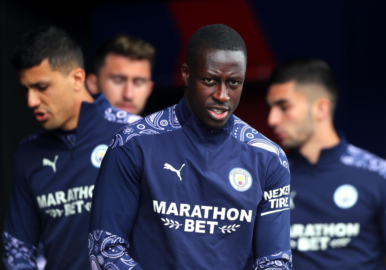 LONDON, ENGLAND - MAY 01: Benjamin Mendy of Manchester City looks on during the Premier League match between Crystal Palace and Manchester City at Selhurst Park on May 01, 2021 in London, England. Sporting stadiums around the UK remain under strict restrictions due to the Coronavirus Pandemic as Government social distancing laws prohibit fans inside venues resulting in games being played behind closed doors. (Photo by Chloe Knott - Danehouse/Getty Images)