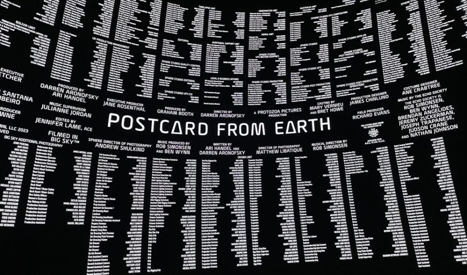 A portion of the credits for Darren Aronofsky's film 'Postcard From Earth,' now playing at Sphere in Las Vegas