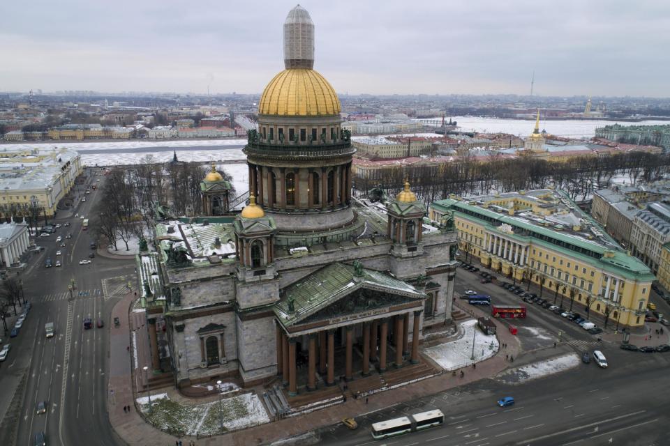 An aerial view of St. Isaac's Cathedral in St. Petersburg, Russia, Thursday, Jan. 12, 2017. Authorities in Russia's second-largest city defend a controversial decision to give a city landmark cathedral to the Russian Orthodox Church. (AP Photo/Dmitri Lovetsky)