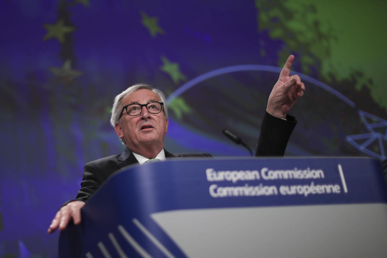 European Commission President Jean-Claude Juncker talks to journalists during a news conference following a College of Commissioners meeting at the European Commission headquarters in Brussels, Tuesday, May 7, 2019. Juncker says one of his biggest mistakes in office was failing to get involved in the Brexit referendum and counter what he says were the lies spread during the campaign. (AP Photo/Francisco Seco)