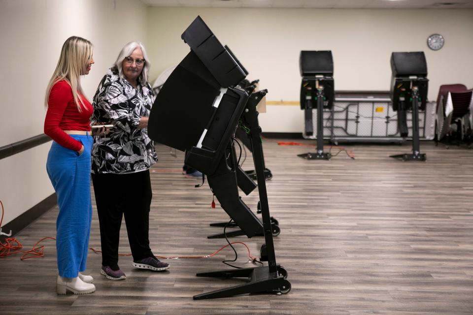 Local residents cast their votes in the Ohio election inside of the Ross County Library Annex on November 8, 2023, in Chillicothe, Ohio,