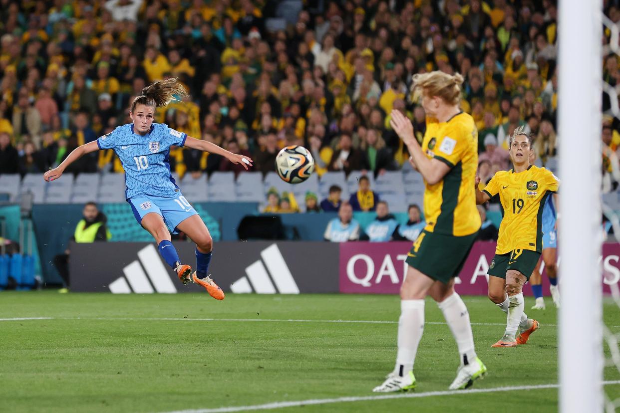 Ella Toone fires home England’s first goal of the game (Getty Images)