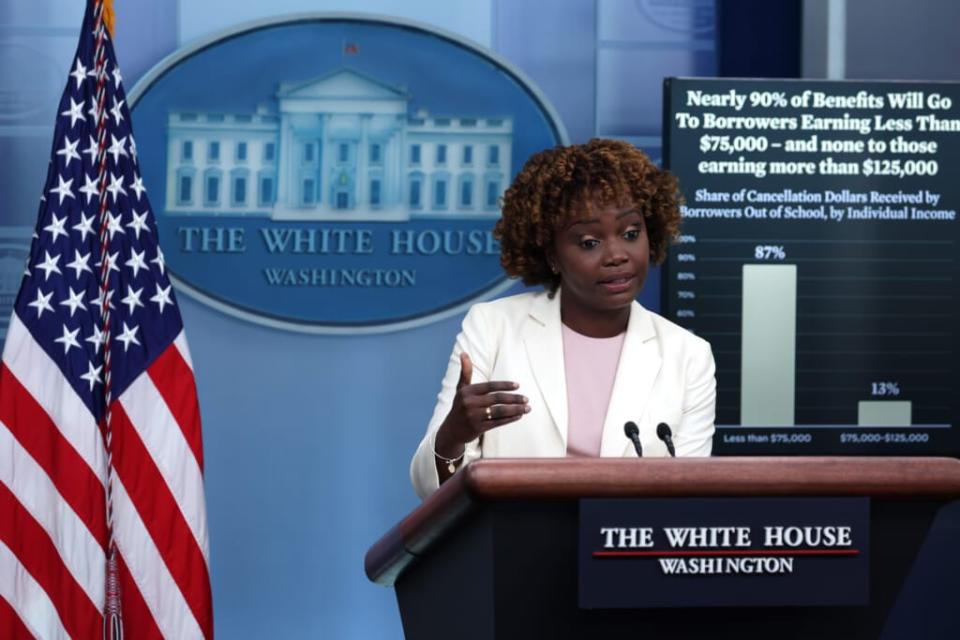 White House Press Secretary Karine Jean-Pierre said the president and education secretary are committed to ensuring a loan forgiveness application process that “doesn’t become a bureaucratic headache.” (Photo by Alex Wong/Getty Images)