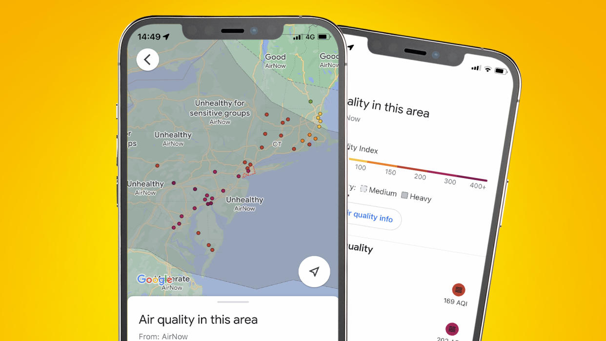  Two IPhone showing the Google Maps air quality layer 