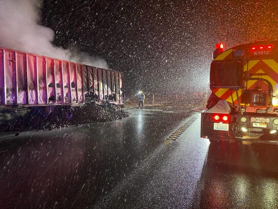 Snow had started to stick to the ground about 7:30 p.m. Thursday as the Washington State Patrol responded to a semi trailer on fire on Highway 14 in Benton County between Paterson and Interstate 82.