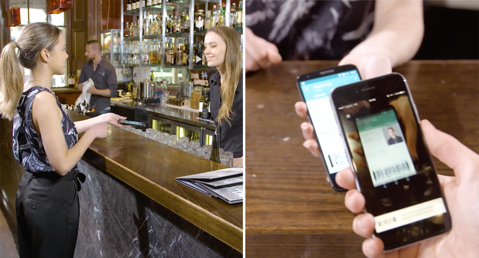 A woman uses the digital driver's licence app at a bar. 